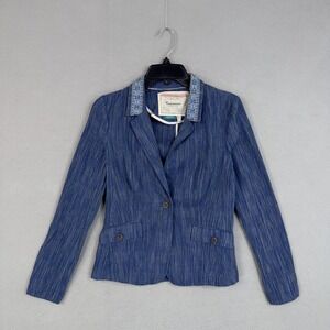 Cartonnier Blazer Womens 2 Blue Stripe Linen Cotton Embroidered Collar Jacket